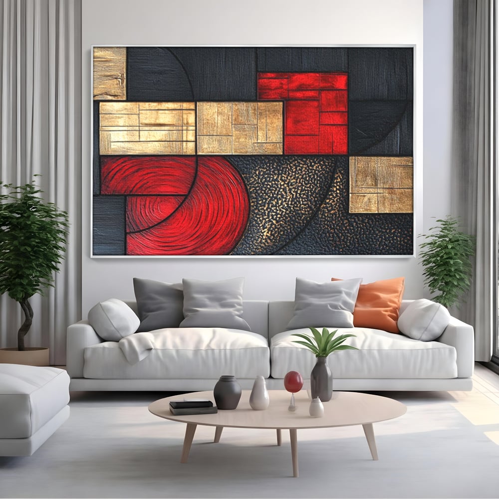 Tablou canvas cu tablou canvas cu forme geometrice abstracte, in rama de aluminiu argintiu, pe perete intr-un living